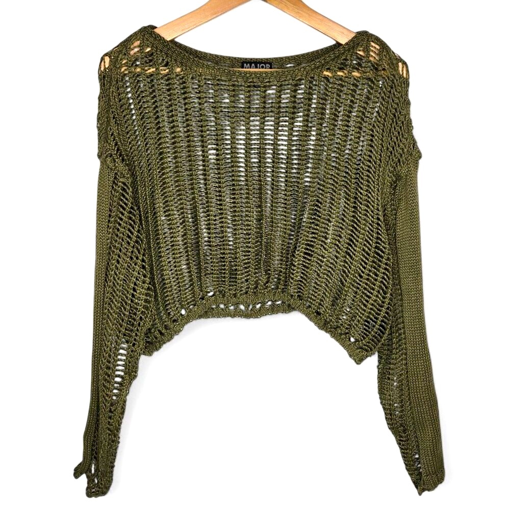 Major‎ Label Group Chunky Crop Sweater Top Womens Olive Green See Through M